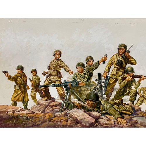 56 - Matchbox model kit original artwork, painting WWII American Infantry soldiers box cover action scene... 