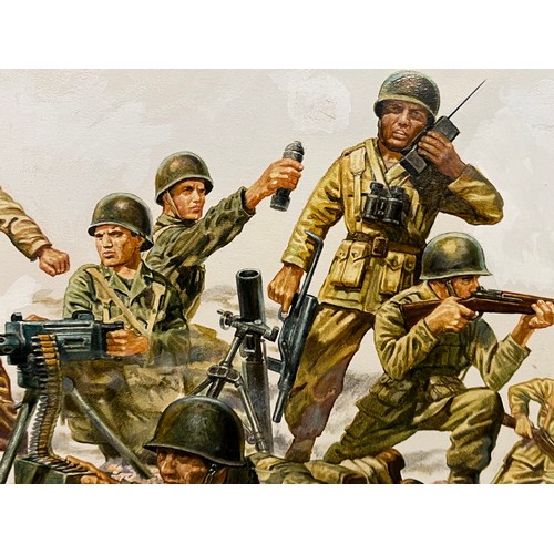 56 - Matchbox model kit original artwork, painting WWII American Infantry soldiers box cover action scene... 