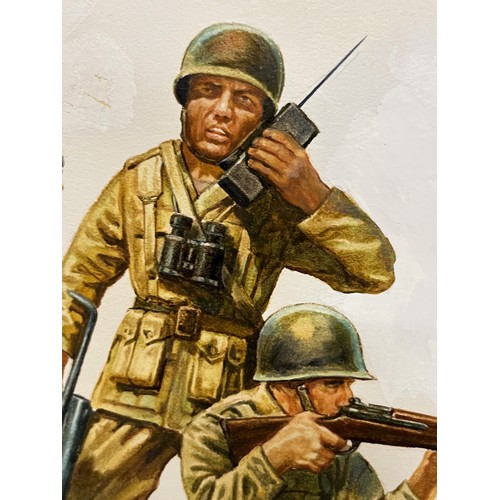 56 - Matchbox model kit original artwork, painting WWII American Infantry soldiers box cover action scene... 