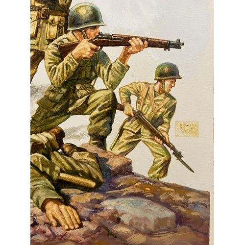 56 - Matchbox model kit original artwork, painting WWII American Infantry soldiers box cover action scene... 