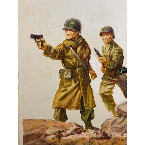 56 - Matchbox model kit original artwork, painting WWII American Infantry soldiers box cover action scene... 