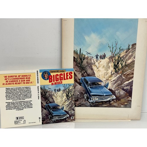 57 - Biggles Capt W E Johns, original book cover painting for Biggles in Mexico. Board size 37.5 cm x 27 ... 