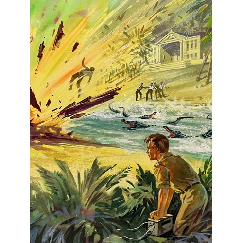 60 - Biggles Capt W E Johns, original book cover painting for Biggles and the Blue Moon. Board size 38 cm... 