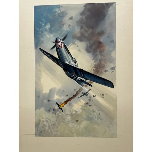 65 - Original book cover painting WWII American fighter aircraft in a dogfight Mustangs v Junkers for Jam... 