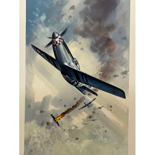 65 - Original book cover painting WWII American fighter aircraft in a dogfight Mustangs v Junkers for Jam... 