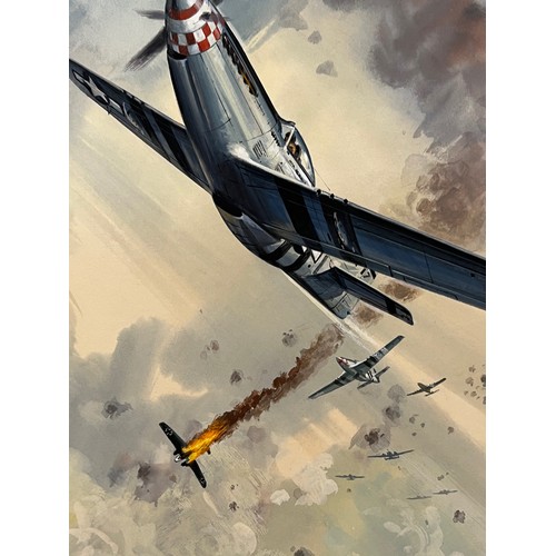 65 - Original book cover painting WWII American fighter aircraft in a dogfight Mustangs v Junkers for Jam... 