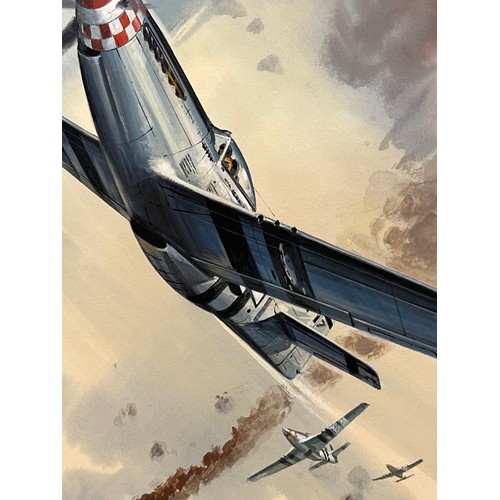 65 - Original book cover painting WWII American fighter aircraft in a dogfight Mustangs v Junkers for Jam... 