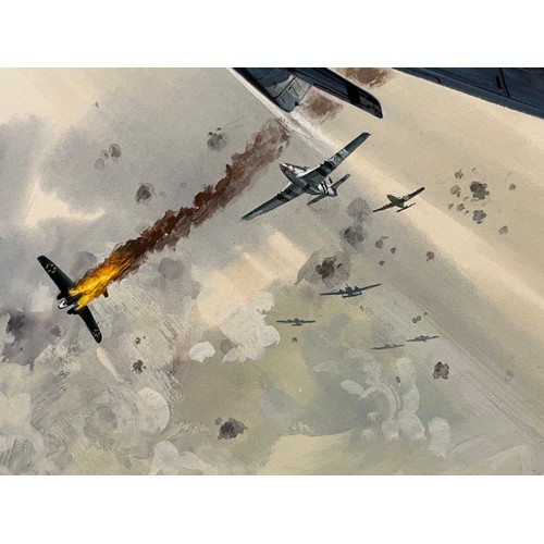 65 - Original book cover painting WWII American fighter aircraft in a dogfight Mustangs v Junkers for Jam... 