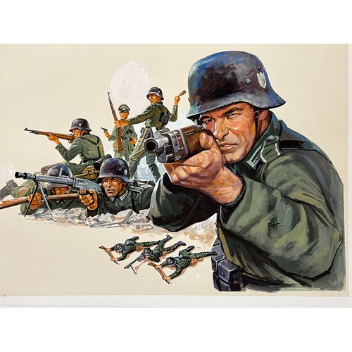 68 - Matchbox model kit original artwork, painting WWII German Infantry soldiers box cover artwork showin... 