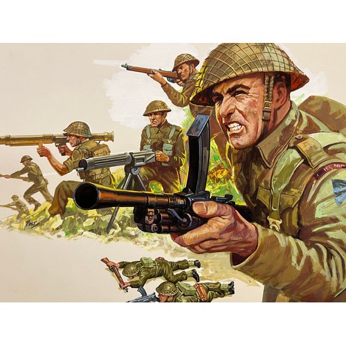 71 - Matchbox model kit original artwork, painting WWII British Infantry soldiers box cover artwork showi... 