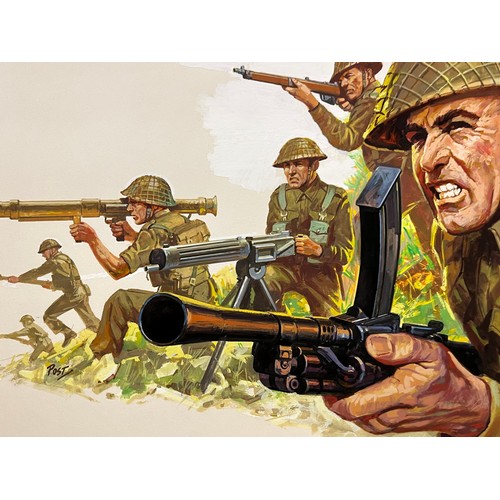 71 - Matchbox model kit original artwork, painting WWII British Infantry soldiers box cover artwork showi... 