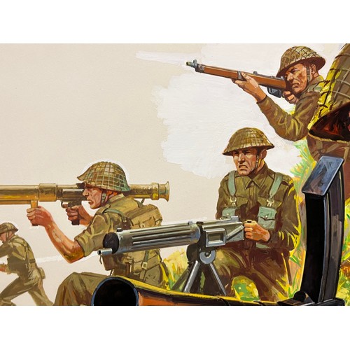 71 - Matchbox model kit original artwork, painting WWII British Infantry soldiers box cover artwork showi... 