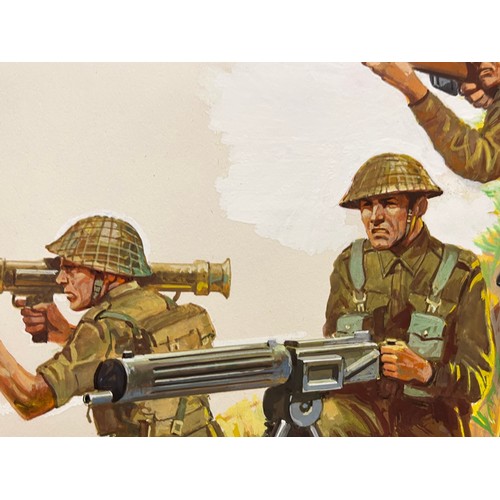 71 - Matchbox model kit original artwork, painting WWII British Infantry soldiers box cover artwork showi... 