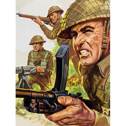 71 - Matchbox model kit original artwork, painting WWII British Infantry soldiers box cover artwork showi... 