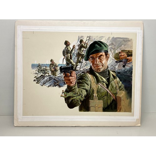 73 - Matchbox model kit original artwork, painting WWII British Commando soldiers box cover artwork showi... 