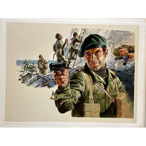 73 - Matchbox model kit original artwork, painting WWII British Commando soldiers box cover artwork showi... 