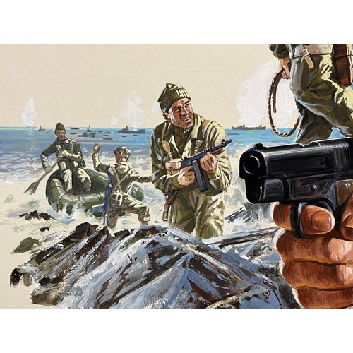 73 - Matchbox model kit original artwork, painting WWII British Commando soldiers box cover artwork showi... 