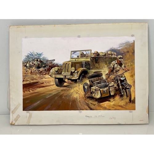 77 - Matchbox model kit original artwork, German motorcycle and Halftrack, a painting of a WWII Sd. Kfz 9... 