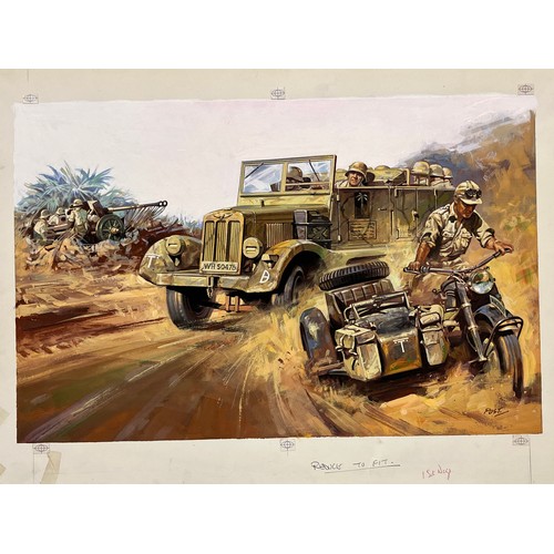 77 - Matchbox model kit original artwork, German motorcycle and Halftrack, a painting of a WWII Sd. Kfz 9... 