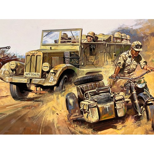 77 - Matchbox model kit original artwork, German motorcycle and Halftrack, a painting of a WWII Sd. Kfz 9... 