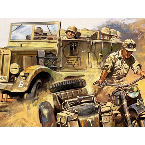 77 - Matchbox model kit original artwork, German motorcycle and Halftrack, a painting of a WWII Sd. Kfz 9... 