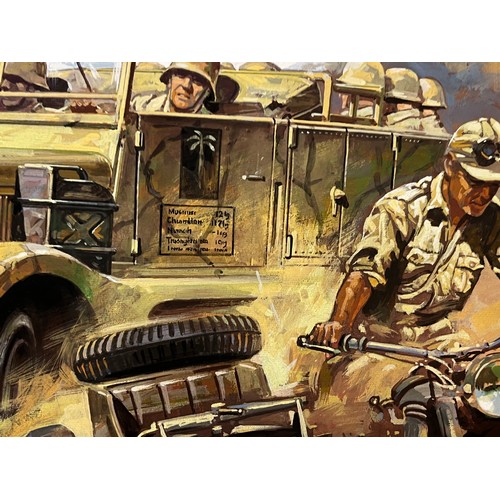 77 - Matchbox model kit original artwork, German motorcycle and Halftrack, a painting of a WWII Sd. Kfz 9... 