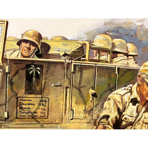 77 - Matchbox model kit original artwork, German motorcycle and Halftrack, a painting of a WWII Sd. Kfz 9... 