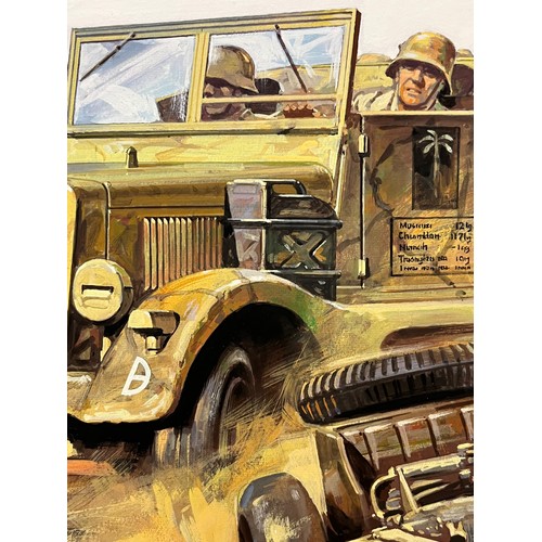 77 - Matchbox model kit original artwork, German motorcycle and Halftrack, a painting of a WWII Sd. Kfz 9... 