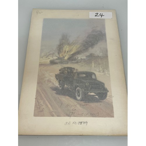 79 - WWII military scene, original painting for a book, a combat scene showing a British Army lorry with ... 