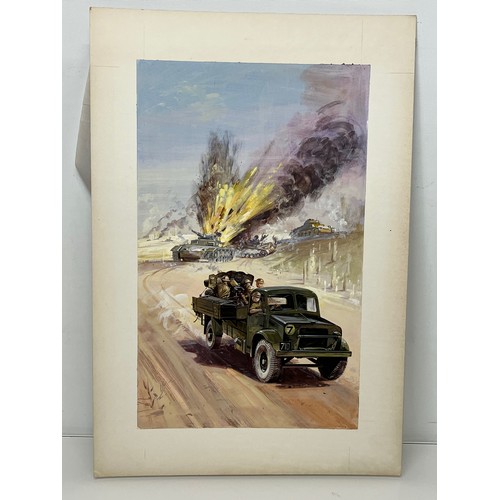 79 - WWII military scene, original painting for a book, a combat scene showing a British Army lorry with ... 