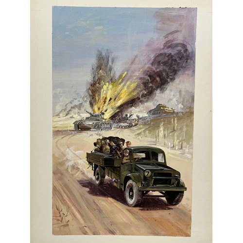 79 - WWII military scene, original painting for a book, a combat scene showing a British Army lorry with ... 