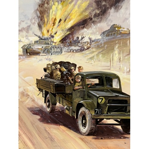 79 - WWII military scene, original painting for a book, a combat scene showing a British Army lorry with ... 