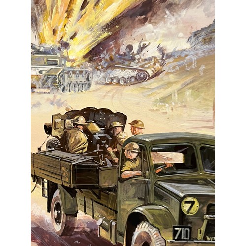 79 - WWII military scene, original painting for a book, a combat scene showing a British Army lorry with ... 