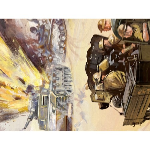 79 - WWII military scene, original painting for a book, a combat scene showing a British Army lorry with ... 