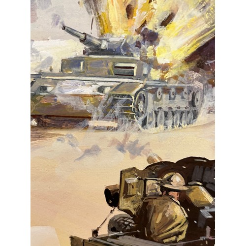 79 - WWII military scene, original painting for a book, a combat scene showing a British Army lorry with ... 