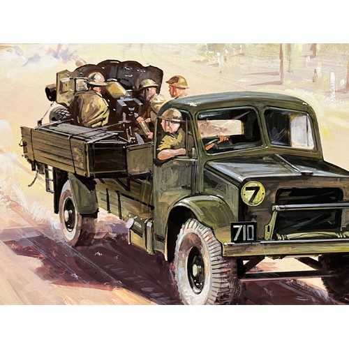 79 - WWII military scene, original painting for a book, a combat scene showing a British Army lorry with ... 