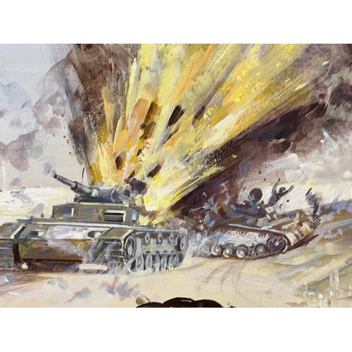 79 - WWII military scene, original painting for a book, a combat scene showing a British Army lorry with ... 