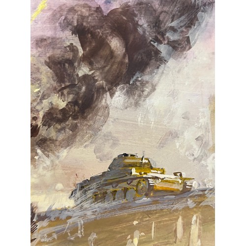 79 - WWII military scene, original painting for a book, a combat scene showing a British Army lorry with ... 