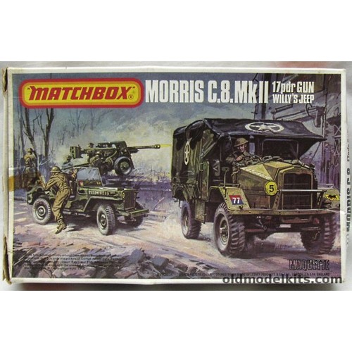 82 - Matchbox model kit original artwork, WWII Morris C8 and a Willy’s Jeep, a painting for the  box cove... 