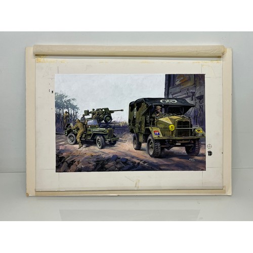 82 - Matchbox model kit original artwork, WWII Morris C8 and a Willy’s Jeep, a painting for the  box cove... 