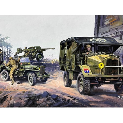 82 - Matchbox model kit original artwork, WWII Morris C8 and a Willy’s Jeep, a painting for the  box cove... 