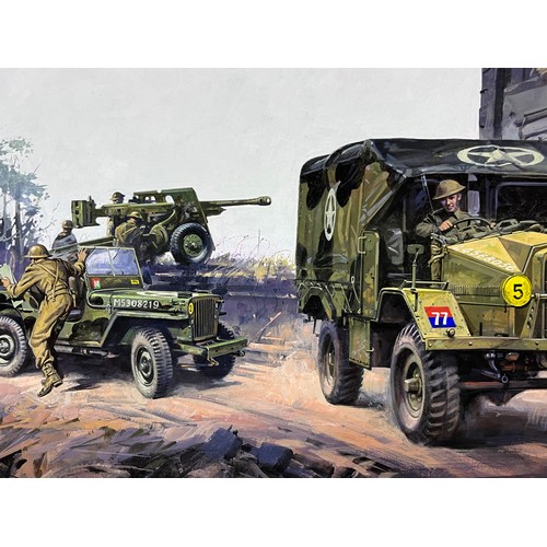 82 - Matchbox model kit original artwork, WWII Morris C8 and a Willy’s Jeep, a painting for the  box cove... 