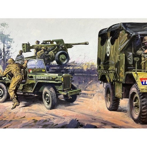 82 - Matchbox model kit original artwork, WWII Morris C8 and a Willy’s Jeep, a painting for the  box cove... 