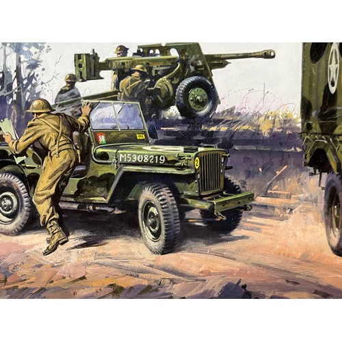 82 - Matchbox model kit original artwork, WWII Morris C8 and a Willy’s Jeep, a painting for the  box cove... 