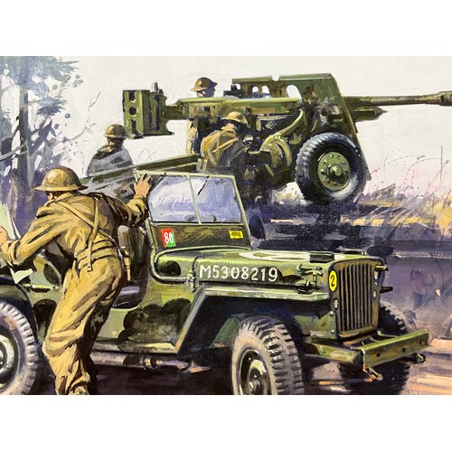 82 - Matchbox model kit original artwork, WWII Morris C8 and a Willy’s Jeep, a painting for the  box cove... 