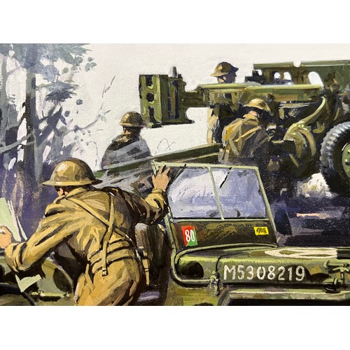 82 - Matchbox model kit original artwork, WWII Morris C8 and a Willy’s Jeep, a painting for the  box cove... 