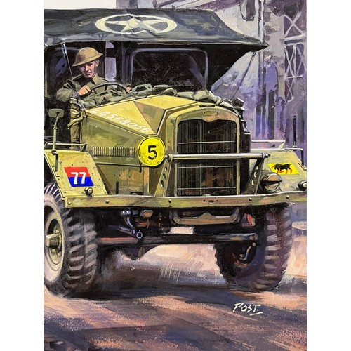 82 - Matchbox model kit original artwork, WWII Morris C8 and a Willy’s Jeep, a painting for the  box cove... 