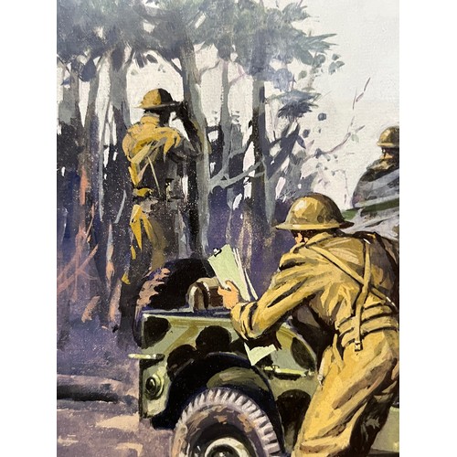 82 - Matchbox model kit original artwork, WWII Morris C8 and a Willy’s Jeep, a painting for the  box cove... 