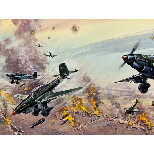 85 - Original book cover design for Once More the Hawks, a scene showing Stuka dive bombers supporting Ge... 