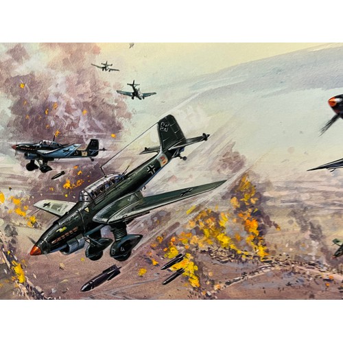 85 - Original book cover design for Once More the Hawks, a scene showing Stuka dive bombers supporting Ge... 